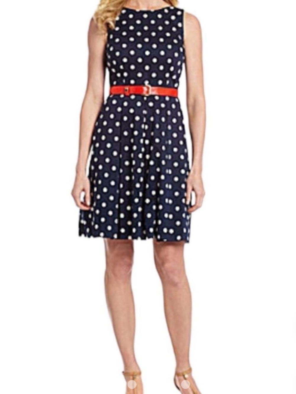 Tahari Navy and White Polka Dot Sleeveless Midi Dress with Red Belt
